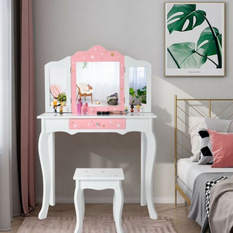 Kids Princess Vanity Table and Stool Set with Tri-folding Mirror and Drawer image number 3