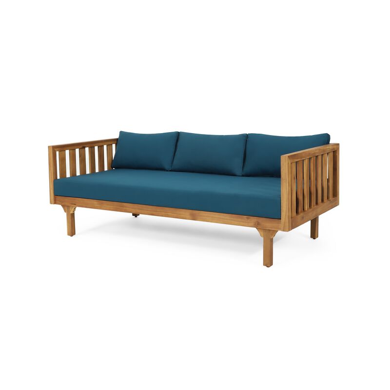 Clara Outdoor 3 Seater Daybed Sofa, Slatted Teak Wood, Blue Fabric image number 0