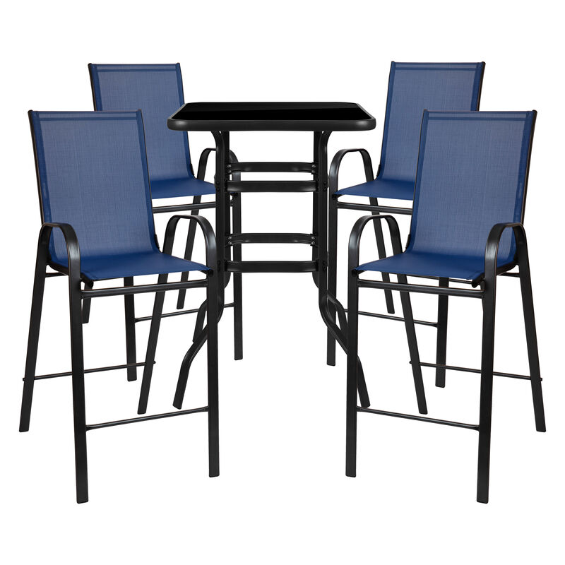 Flash Furniture Brazos Bar Table Set - 5 Piece Glass Brazos Bar Table with 4 Gray Patio Bar Stools - Brazos Outdoor Chairs