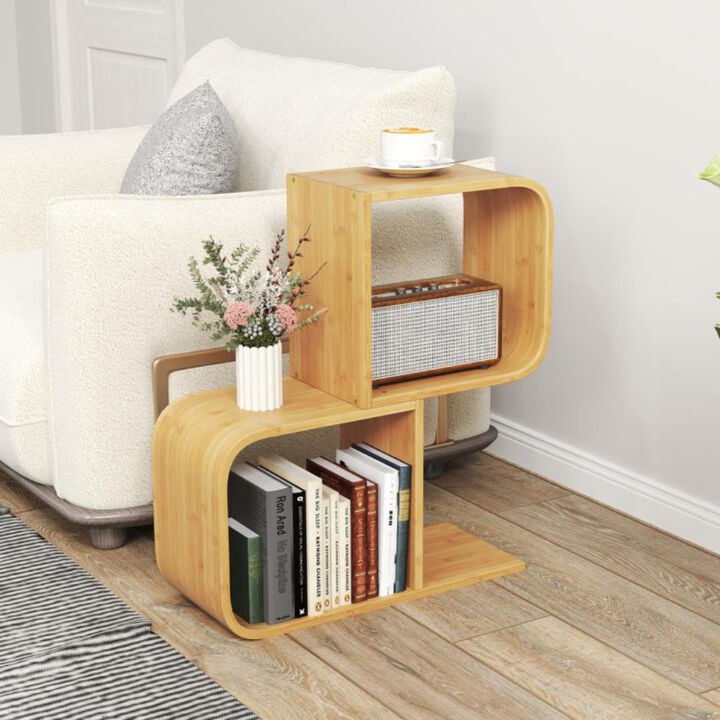 Hivvago 2-Tier S-Shaped Bamboo Bookcase with 2 Open Cubes for Living Room