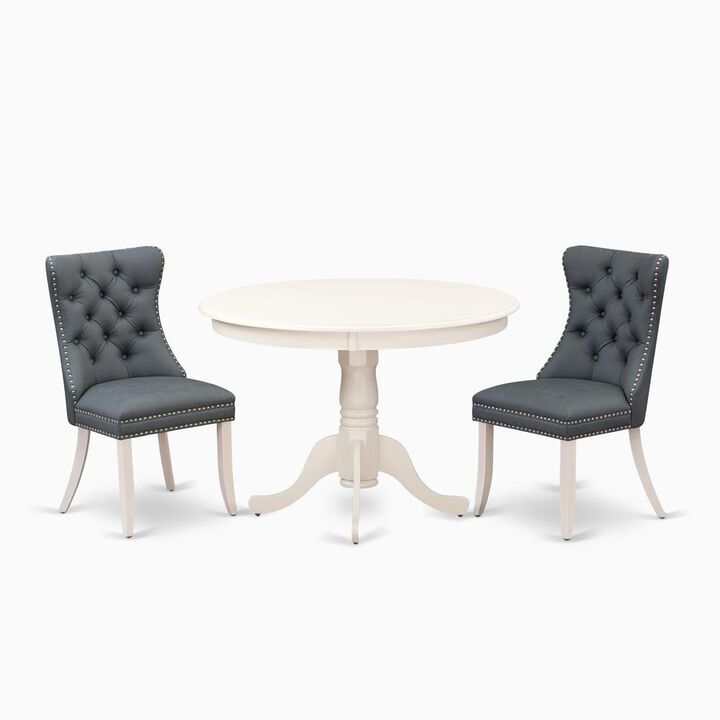 East West Furniture 3 Piece Dining Set Contains a Round Kitchen Table with Pedestal