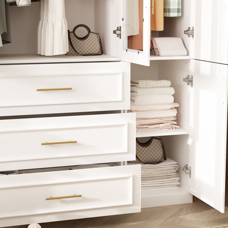 FUFU&GAGA White Wardrobe with 4 Doors, 3 Drawers, 2 Hanging Rods, and Adjustable Shelves – Stylish and Functional Bedroom Storage Solution (47.4" W x 19.3" D x 74.8" H),White