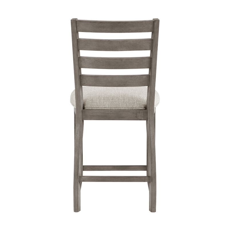 Trea 26 Inch Counter Height Chair, Ladder Back, Polyester, Gray Wood, Set of 2
