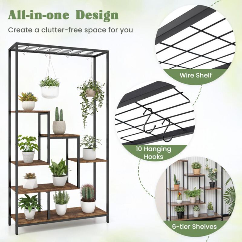 Hivvago 6-Tier Tall Plant Stand 71 Inch Metal Indoor Plant Shelf with 10 Hanging Hooks