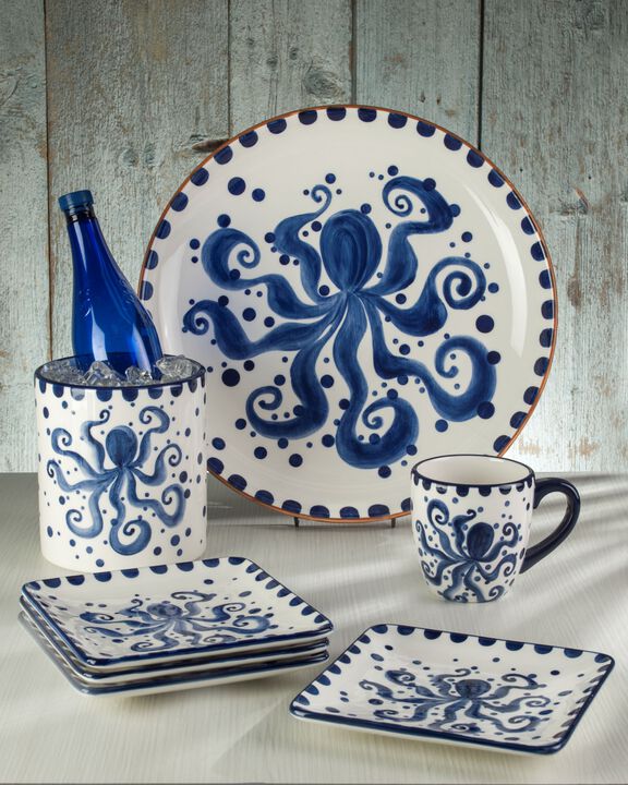 Euro Ceramica Costa Azul Hand Painted Octopus Design Ceramic Crock
