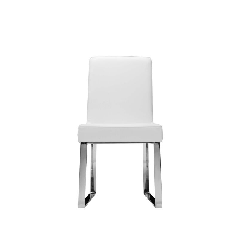 Ien 25 Inch Dining Chair Set of 2, Armless, White Faux Leather, Chrome - Benzara