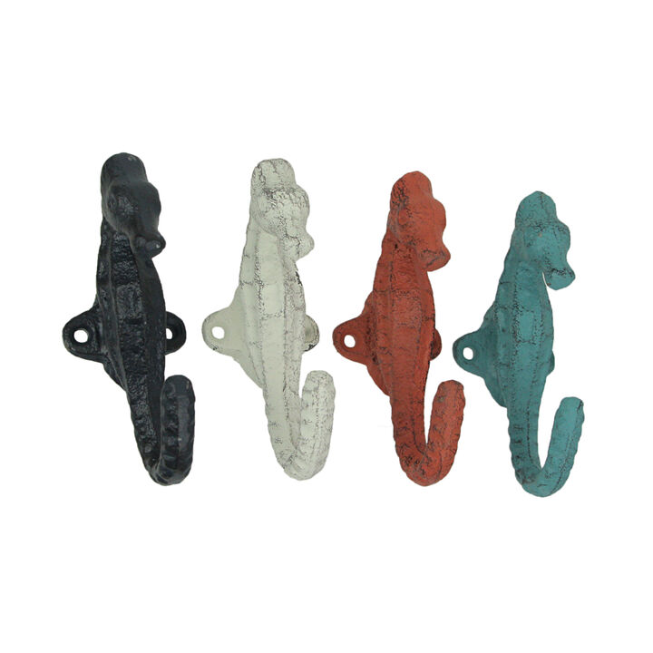 Set of 4 Coastal Cast Iron Seahorse Decorative Wall Hooks in Blue, White, and Coral Orange - Seaside Serenity - Nautical D&eacute;cor Accents - 5 Inches High