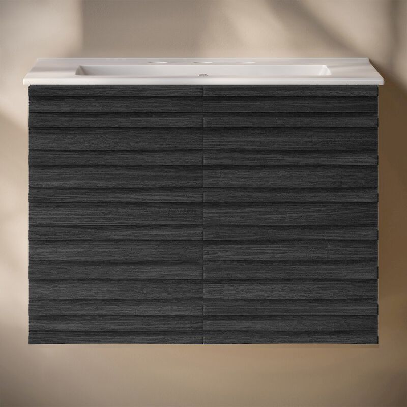 30" Wall-Mounted Bathroom Vanity in Black Oak with 3-Hole Widespread Sink Top image number 4