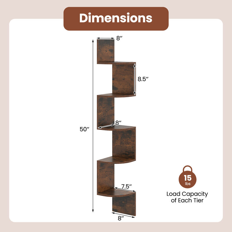 5-Tier Corner Wall Shelf, Floating Bookshelf and Storage Rack for Living Room or Office