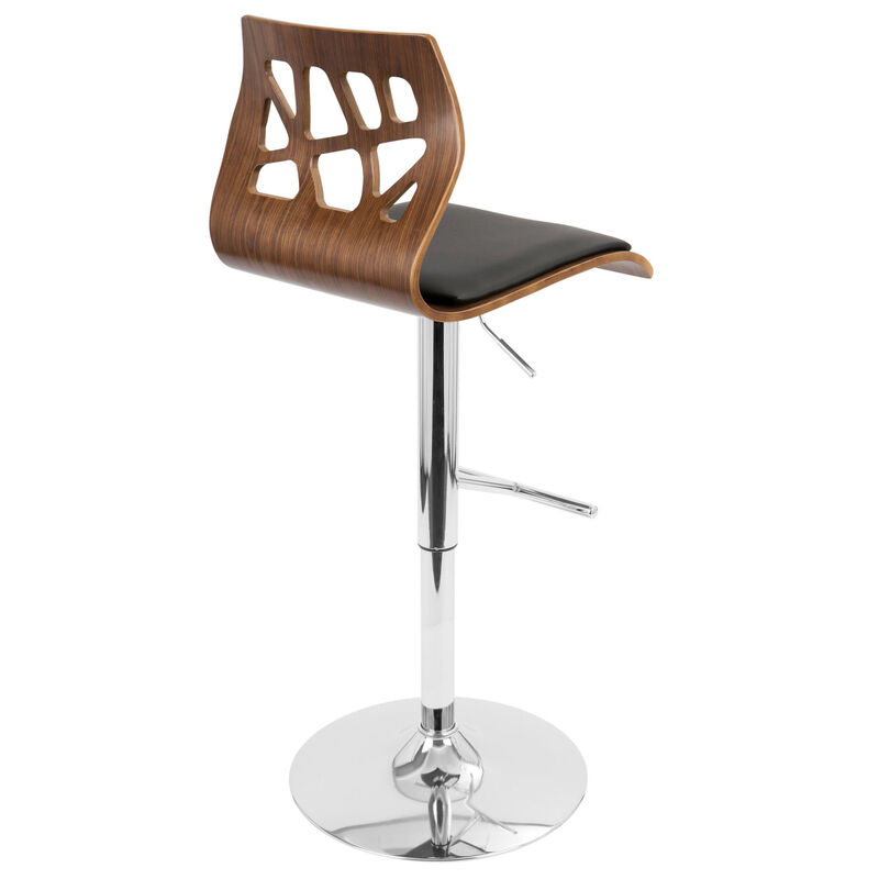 Lumisource Folia Mid-Century Modern Adjustable Barstool with Swivel in Chrome, Walnut Wood and Black Faux Leather - Set of 2 image number 6