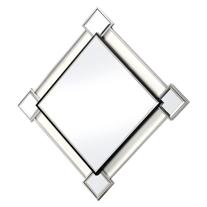 Diamond Shaped Beveled Accent Wall Mirror with Mirror Inserts, Silver-Benzara