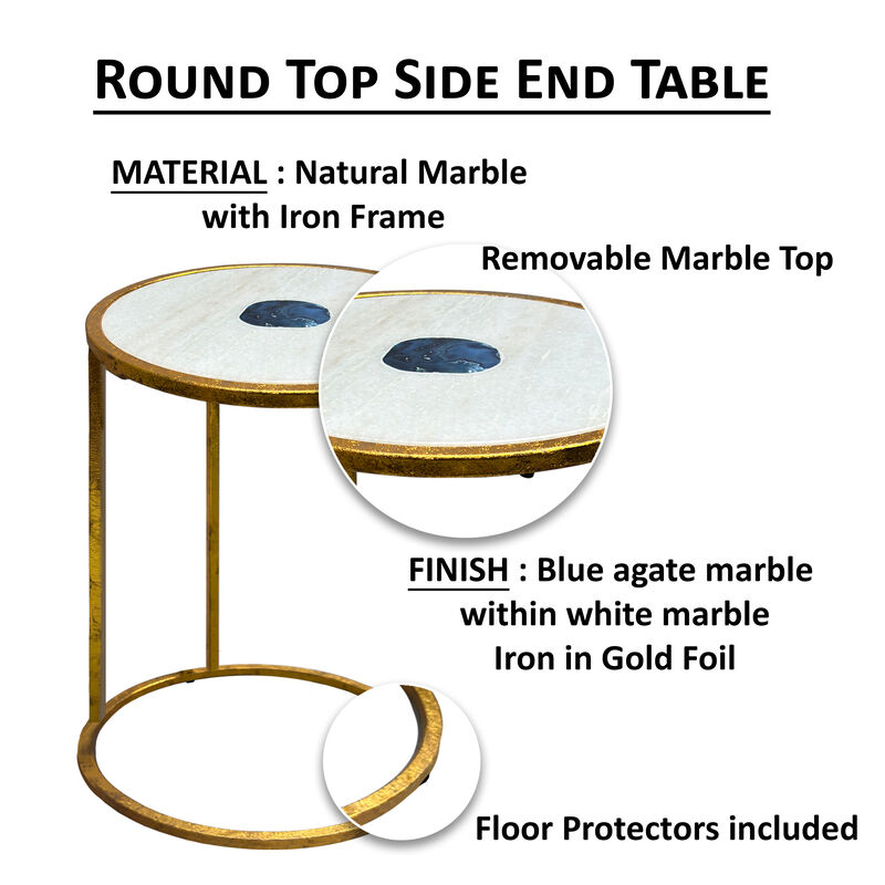 20 Inch Round Side End Table, White Marble Top with Blue Agate Stone Inlay, Gold Foil Finish Iron Frame