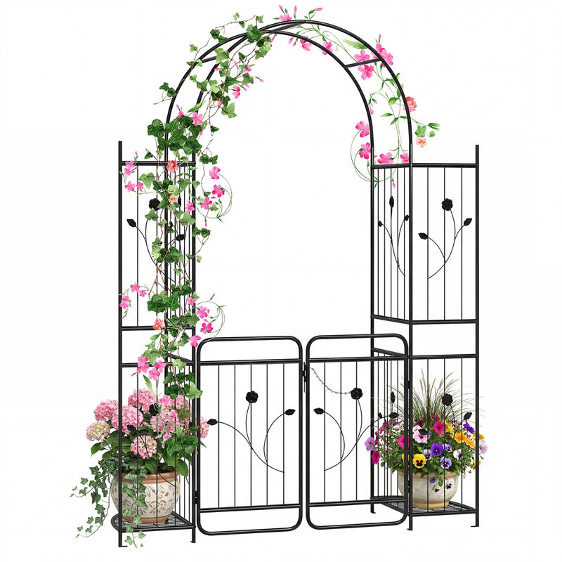 Garden Arch Trellis with Gate and Planter Shelves for Backyard-Black image number 5
