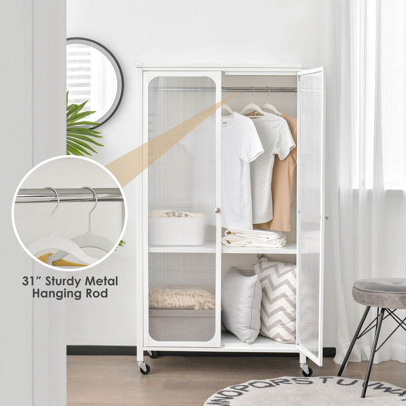Rolling Storage Armoire Closet with Hanging Rod and Adjustable Shelf-White