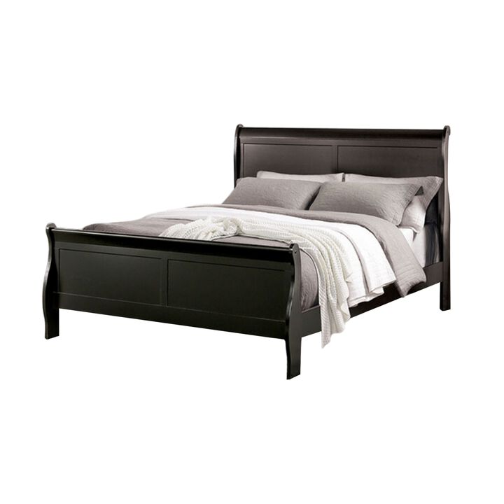 Ryla Queen Size Bed, Classic Sleigh Panel Headboard, Black Solid Wood - Benzara