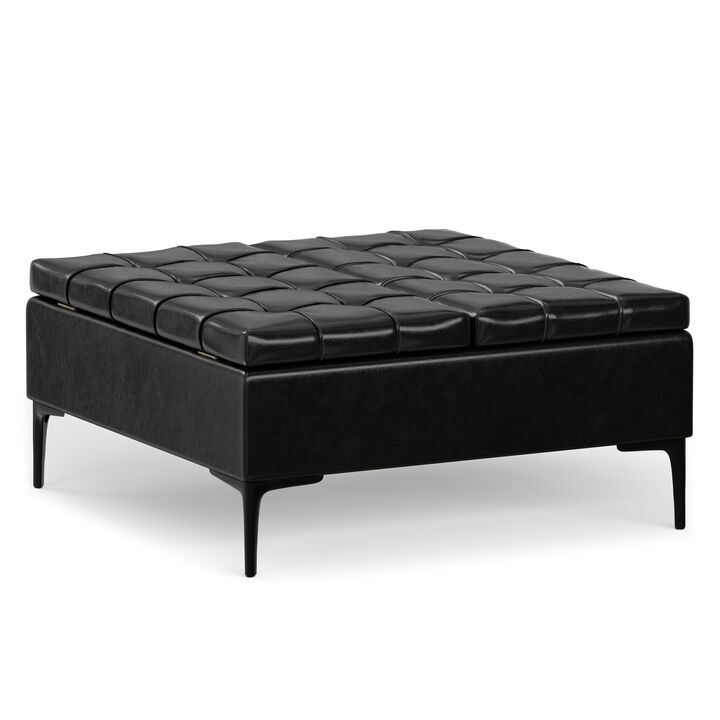 Laura 36 inch Wide Transitional Square Mid&nbsp;Century&nbsp;Lift Top Storage Ottoman in Midnight Black Vegan Faux Leather, Assembled