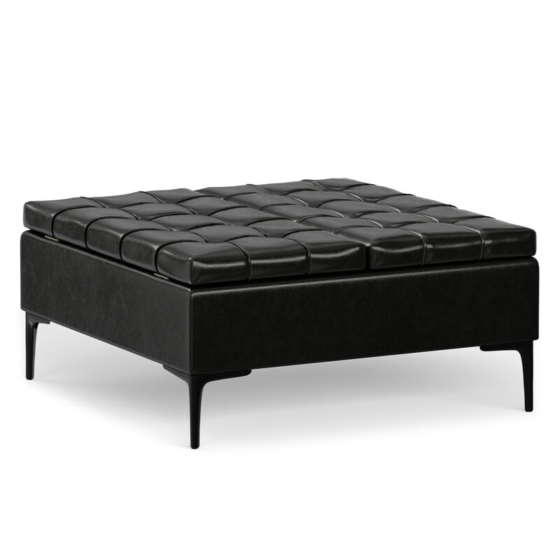 Laura 36 inch Wide Transitional Square Mid&nbsp;Century&nbsp;Lift Top Storage Ottoman in Midnight Black Vegan Faux Leather, Assembled image number 0
