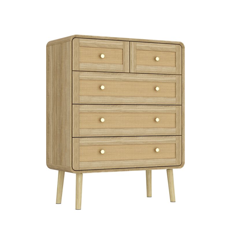 FUFU&GAGA 5-Drawer Dresser, Modern Wood Chest with Rattan Fronts, Gold Handles & Sturdy Wooden Legs, Spacious Storage Cabinet for Bedroom (31.5" W x 39.8" H x 13.9" D), Natural Wood