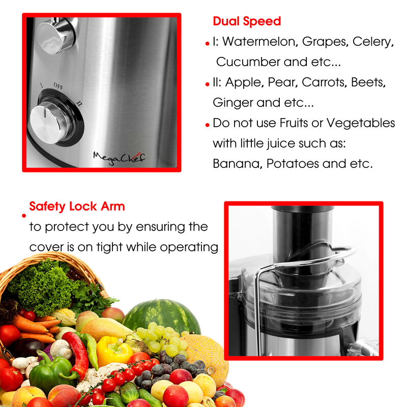 MegaChef Wide Mouth Juice Extractor, Juice Machine with Dual Speed Centrifugal Juicer, Stainless Steel Juicers Easy to Clean