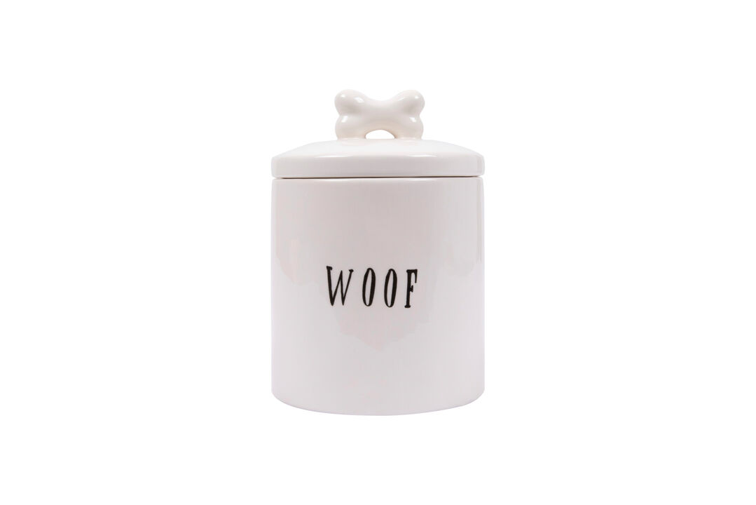 Ceramic Dog Treat Jar with "Woof" Message and Bone Handle Lid, White and Black