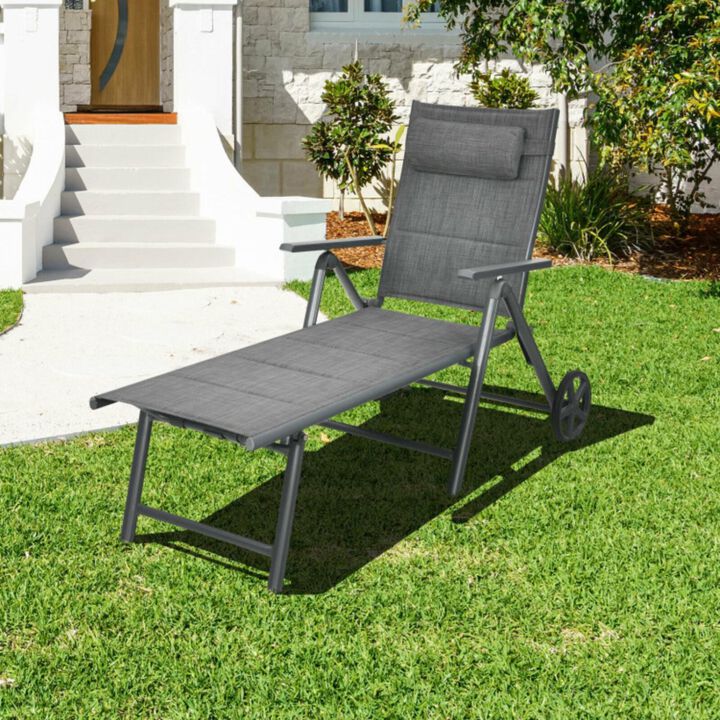 Hivvago Patio Reclining Chaise Lounge with Adjust Neck Pillow-Gray