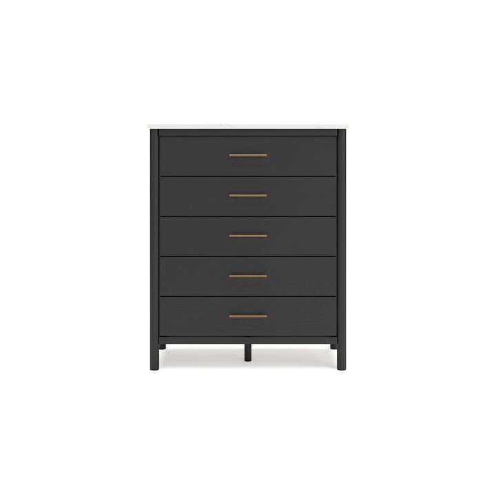 Mooran Tall Dresser Chest, 5 Drawers, Modern Marble Finish Top, Black - Benzara