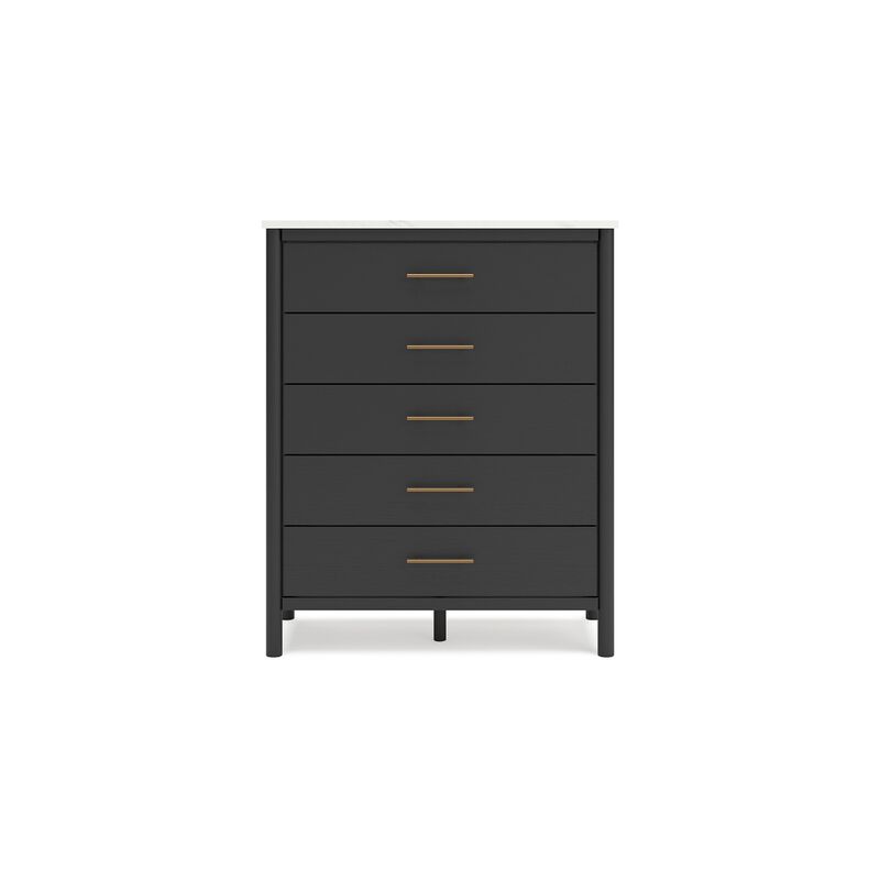 Mooran Tall Dresser Chest, 5 Drawers, Modern Marble Finish Top, Black - Benzara