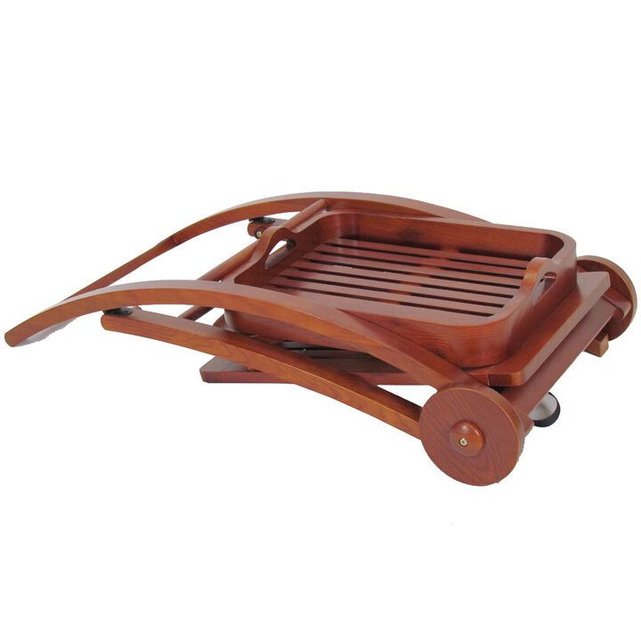 Slatted Shelf Serving Foldable Tray Stand with Wheels, Brown - Benzara