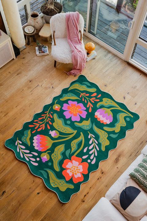 Lany Space 7'x10' Area Rug, Washable Rugs Non-Slip, Green Base Pink Floral Wavy Rug for Home Decor