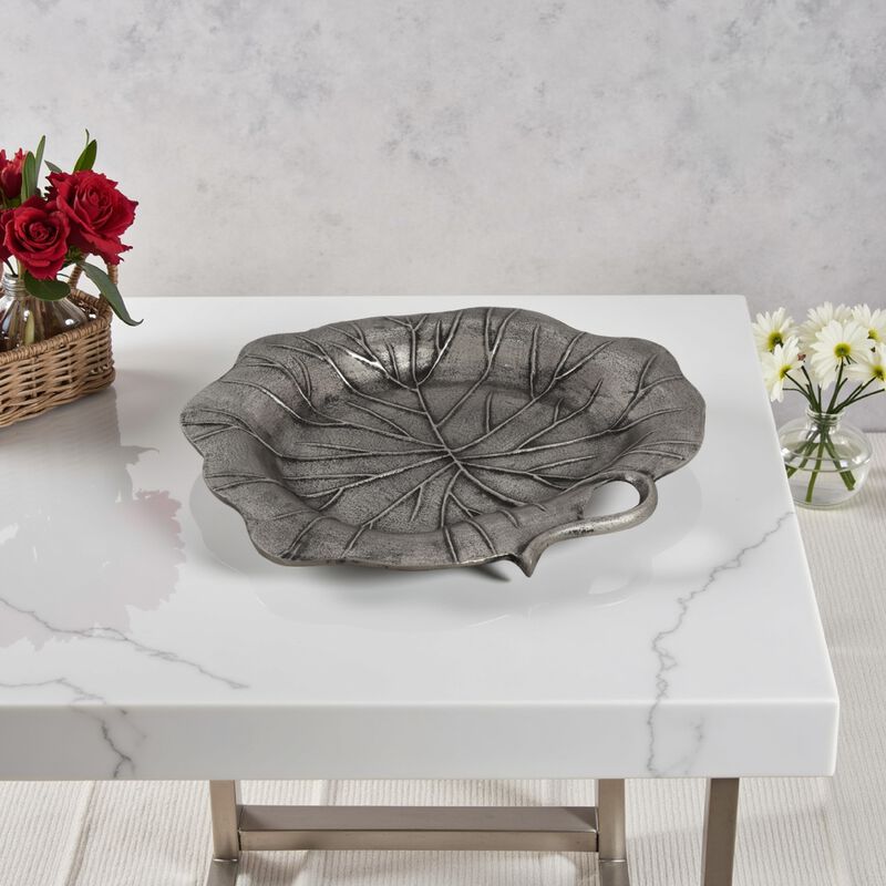 Haily Decorative Tray Platter, Flower Shaped Vein Details, Nickel Tone - Benzara