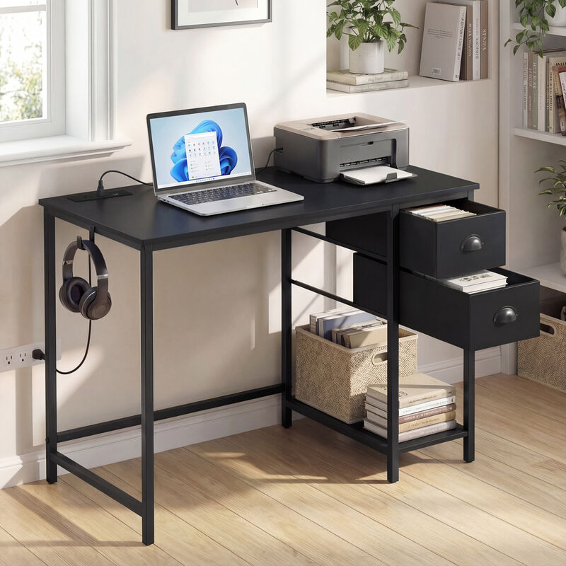 Small Space Computer Desk with Charging Station and 2 Fabric Drawers image number 4