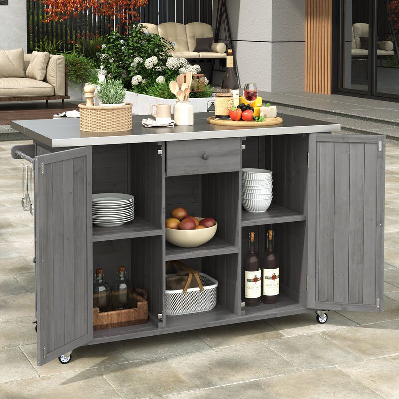 Mondawe Outdoor Fir Wood Kitchen Island,W/Stainless Steel Top,Foldable Design,Garden Storage Cabinet