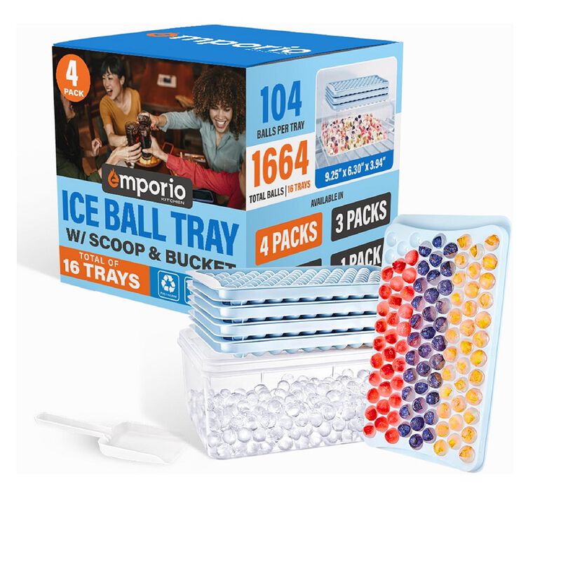 Round Ice Cube Tray with Lid and Bin &ndash; Creates 1664 Ice Balls (0.60 Inch Size), Stackable Ice Cube Trays, Easy-Release Ice Balls for Drinks and Cocktails, Pack of 4 (16 Trays), Blue