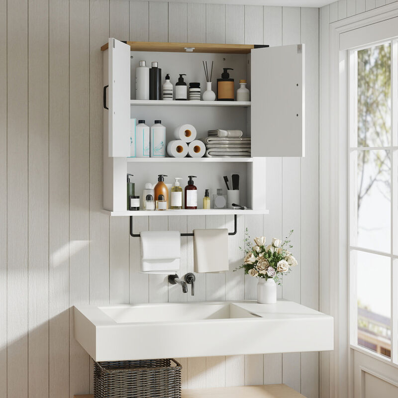 Farmhouse Bathroom Wall Cabinet with Towel Bar Storage image number 1