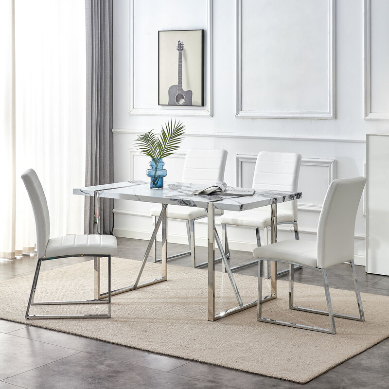 Merax 5-piece Dining Table Chairs Set, Faux Marble Modern Dining Table and Faux Leather Chairs for Kitchen Dining Room