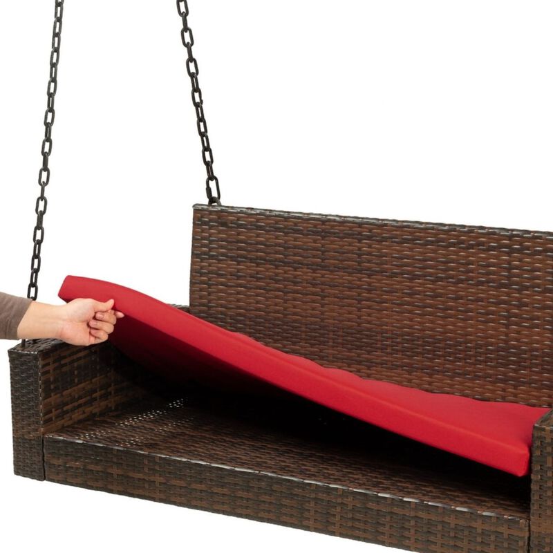 QuikFurn Brown Wicker Hanging Patio Porch Swing Bench w/ Mounting Chains and Red Seat Cushion