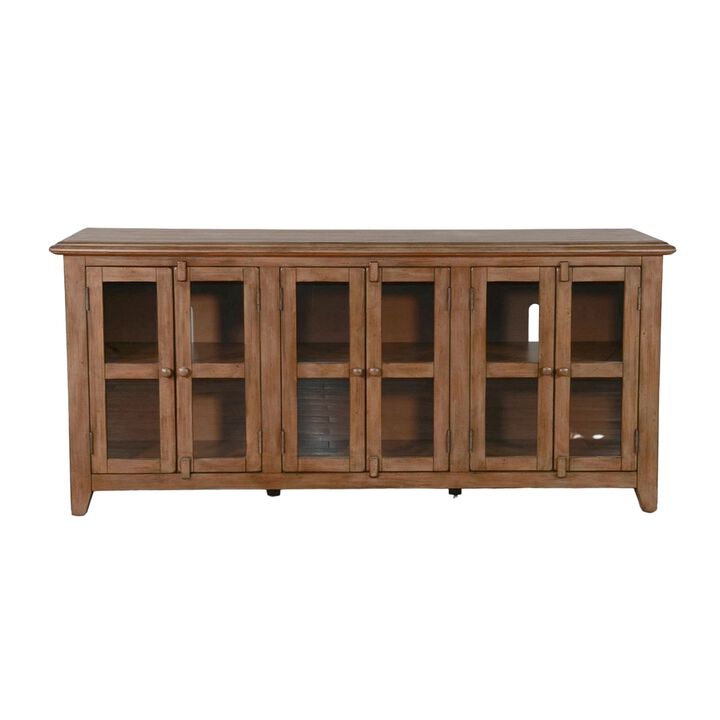 Yael TV Media Console, 6 Shelf, Glass Doors, 70 Inch Light Brown Wood - Benzara