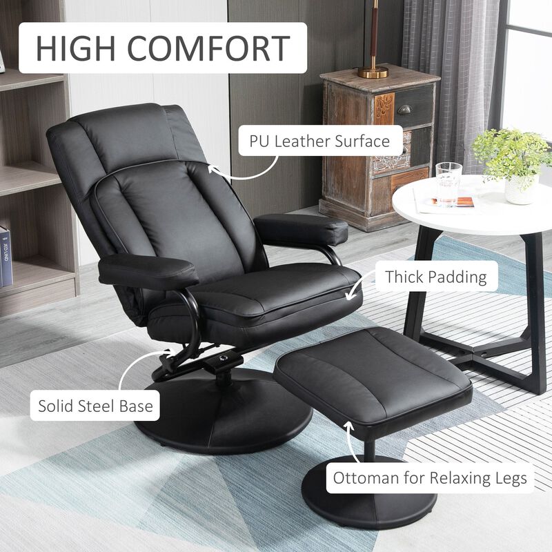 Swivel Recliner, Manual PU Leather Armchair with Ottoman Footrest for Living Room, Office, Bedroom, Black image number 6
