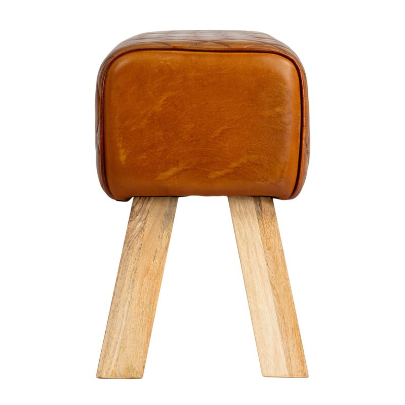 Stitched Leather and Wood Bench, Camel and Natural image number 4