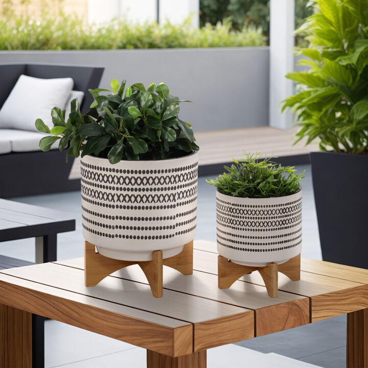 Aztec Planter with Wood Stand, Gray