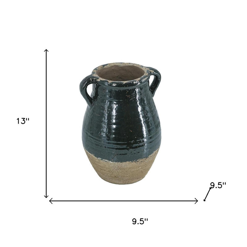 HomeRoots 13" Forest Green And Sand Color Block Terracotta Round Jug Vase image number 6