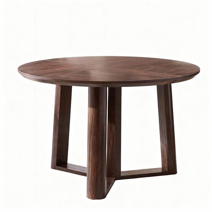 47" Round Dining Table for 4-6, Woodgrain Top, Metal Tripod Base, Curved Edge