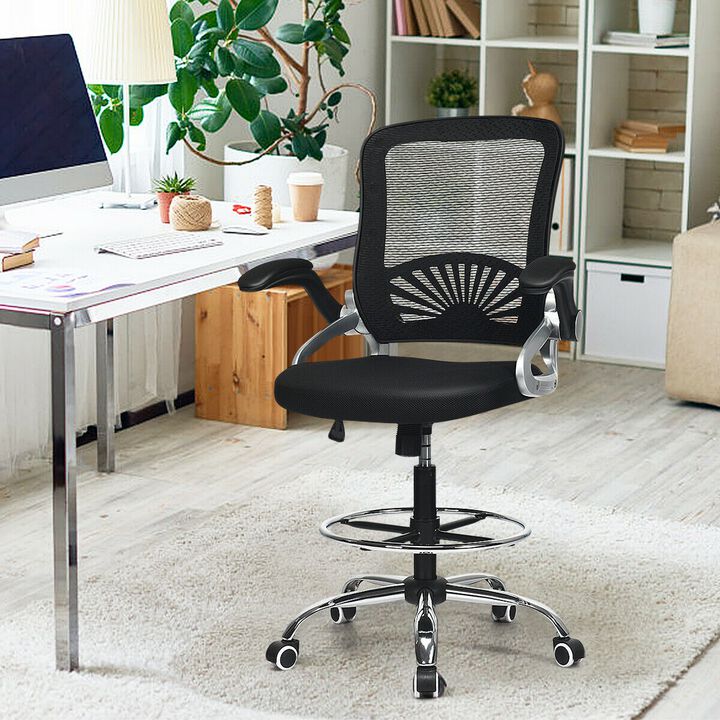 Adjustable Height Flip-Up Mesh Drafting Chair with Lumbar Support