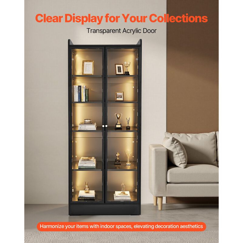 Lighted Display Cabinet with Glass Doors, 5-Tier Curio Bookcase with 2 Adjustable Shelves-Black image number 6