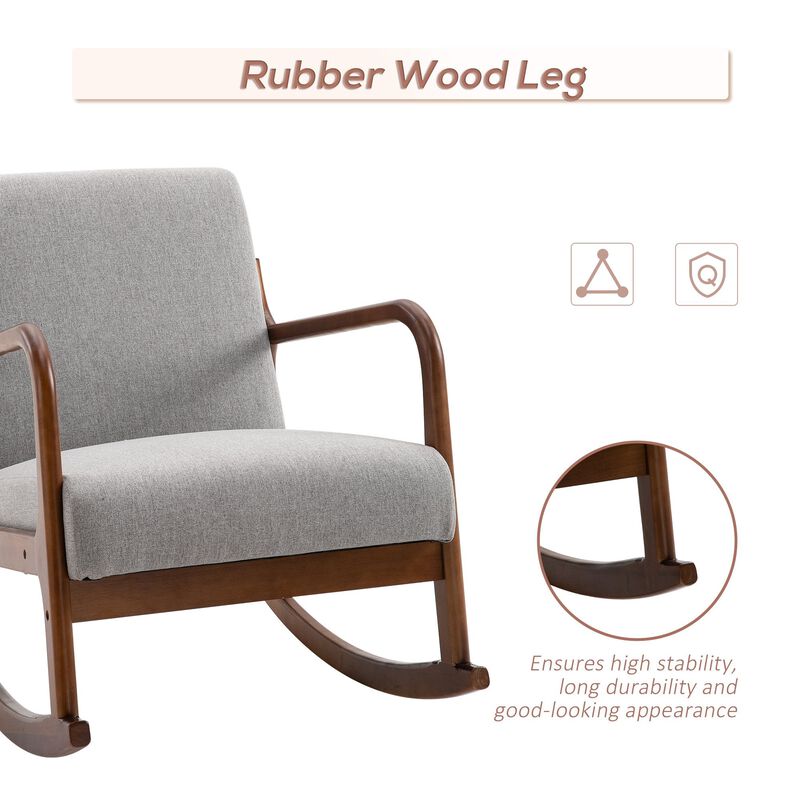 Grey Living Room Rocker: Upholstered Armchair with Wood Base