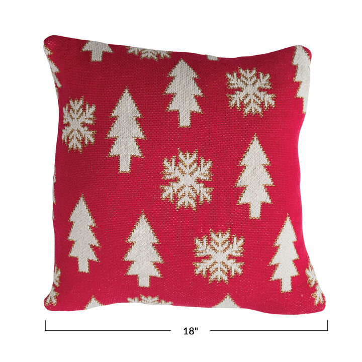 Festive Cotton Knit Pillow with Tree and Snowflake Embroidery, Pink, White and Gold
