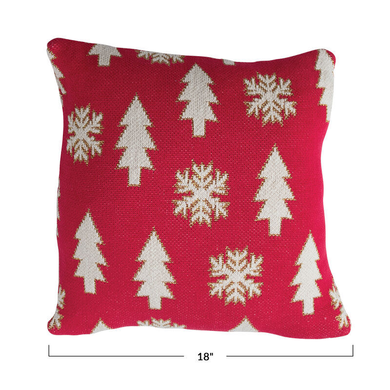 Festive Cotton Knit Pillow with Tree and Snowflake Embroidery, Pink, White and Gold image number 1