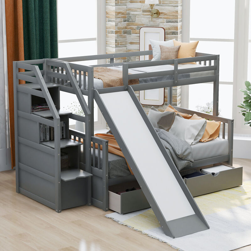 Whisen Twin over Full Bunk Bed with Drawers, Slide & Storage, Solid Pine for Kids Bedroom image number 2
