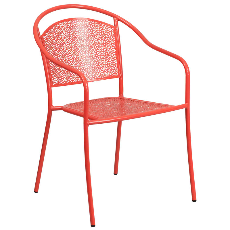 Flash Furniture Commercial Grade 35.25" Round Coral Indoor-Outdoor Steel Patio Table Set with 2 Round Back Chairs