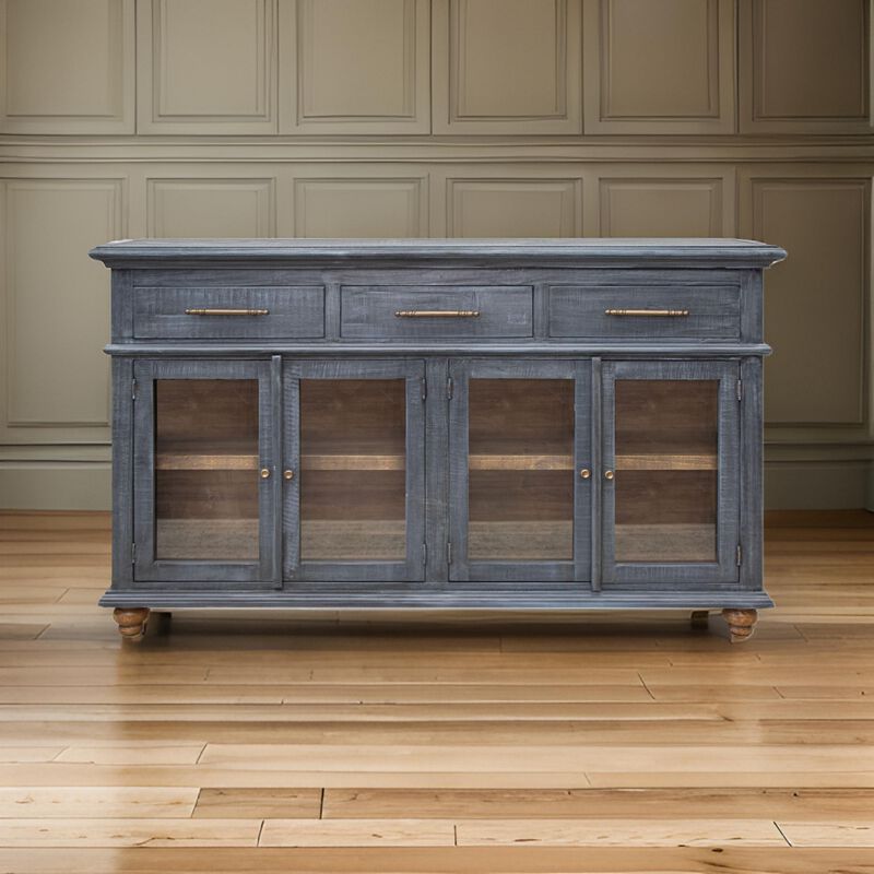 71 Inch Sideboard Console Table, 3 Drawers, 4 Glass Doors, Pine Wood, Blue image number 5